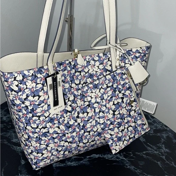 LAUREN RALPH LAUREN Bag Leather Print Tote Purple Vanilla/Breeze Floral w Pouch - Picture 8 of 14